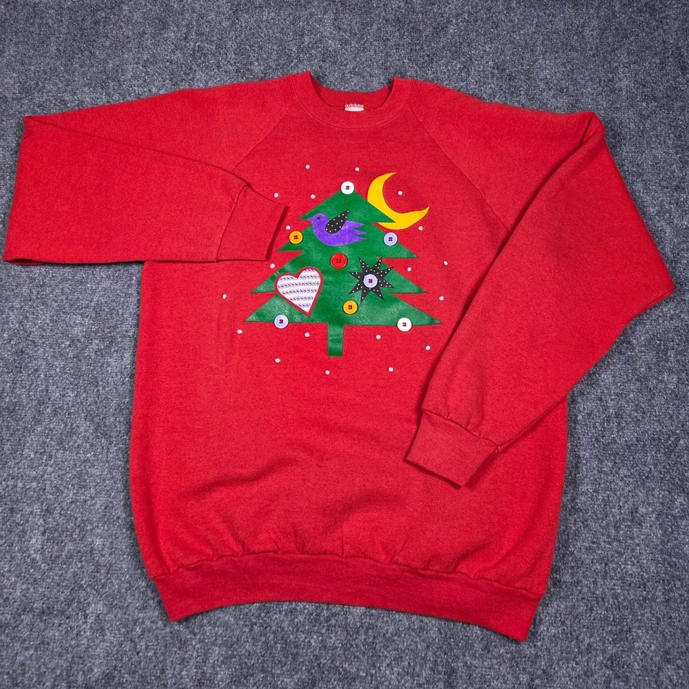 Vintage 90s Christmas Tree Sweatshirt Fruit of the Loom USA Buttons Unisex XL
